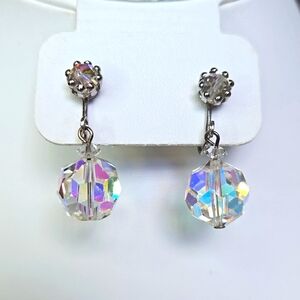Vintage Chunky Sparkly Aurora Borealis  Crystal Dangly Clip Earrings
